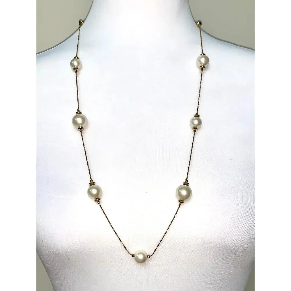 Vintage AKD Gold Tone Faux Pearl Station Long Necklace